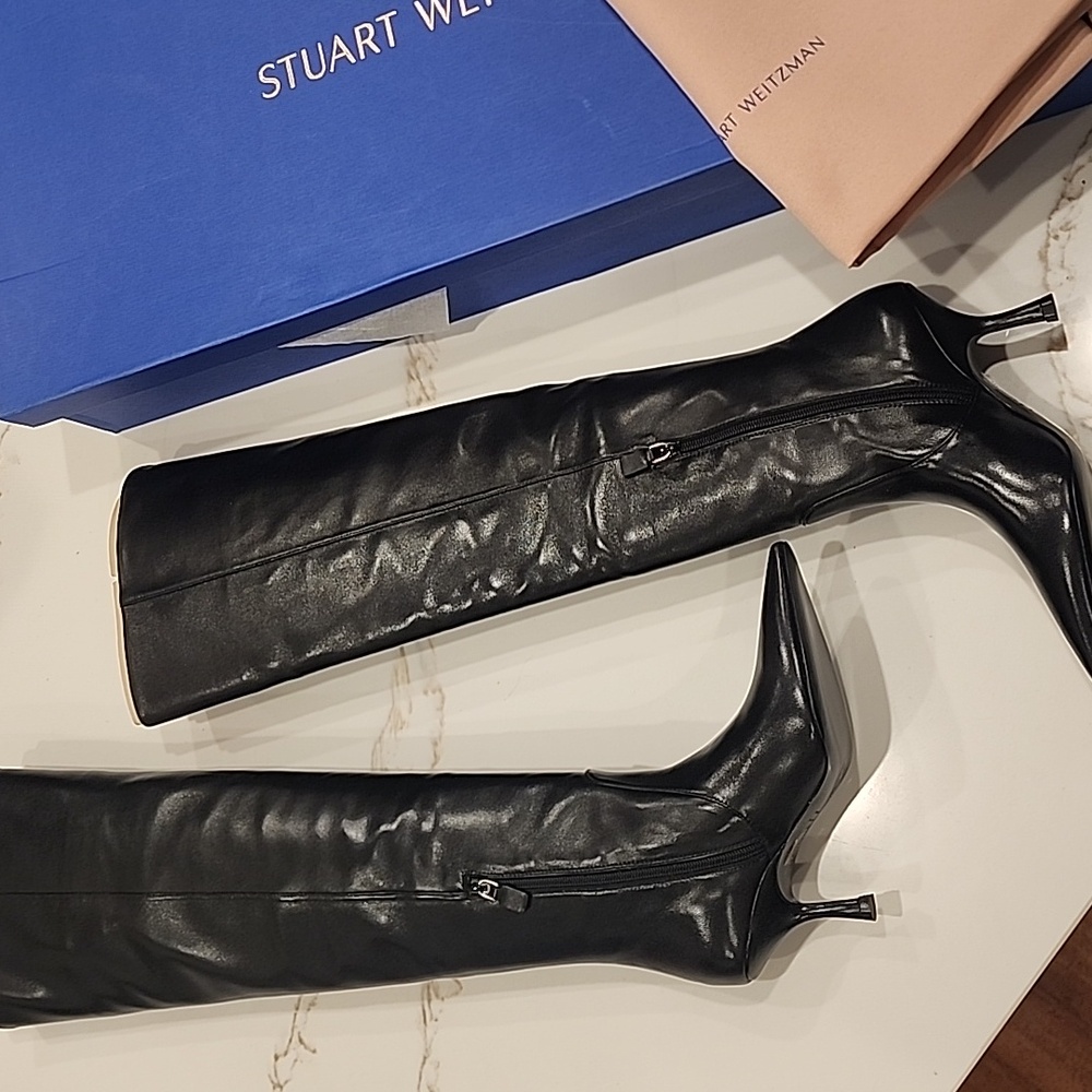 Stuart Weitzman Black Soft Genuine Leather Knee High Heeled Boots